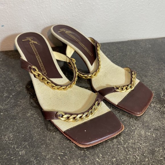 Giuseppe Zanotti Vicini SZ 39 Brown Gold Strap Sandals Square Toe Heels